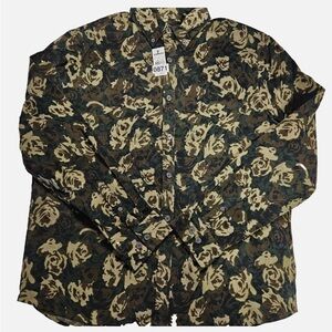 Express Black Corduroy Shirt Mens M Green Floral Button Down Long Sleeve